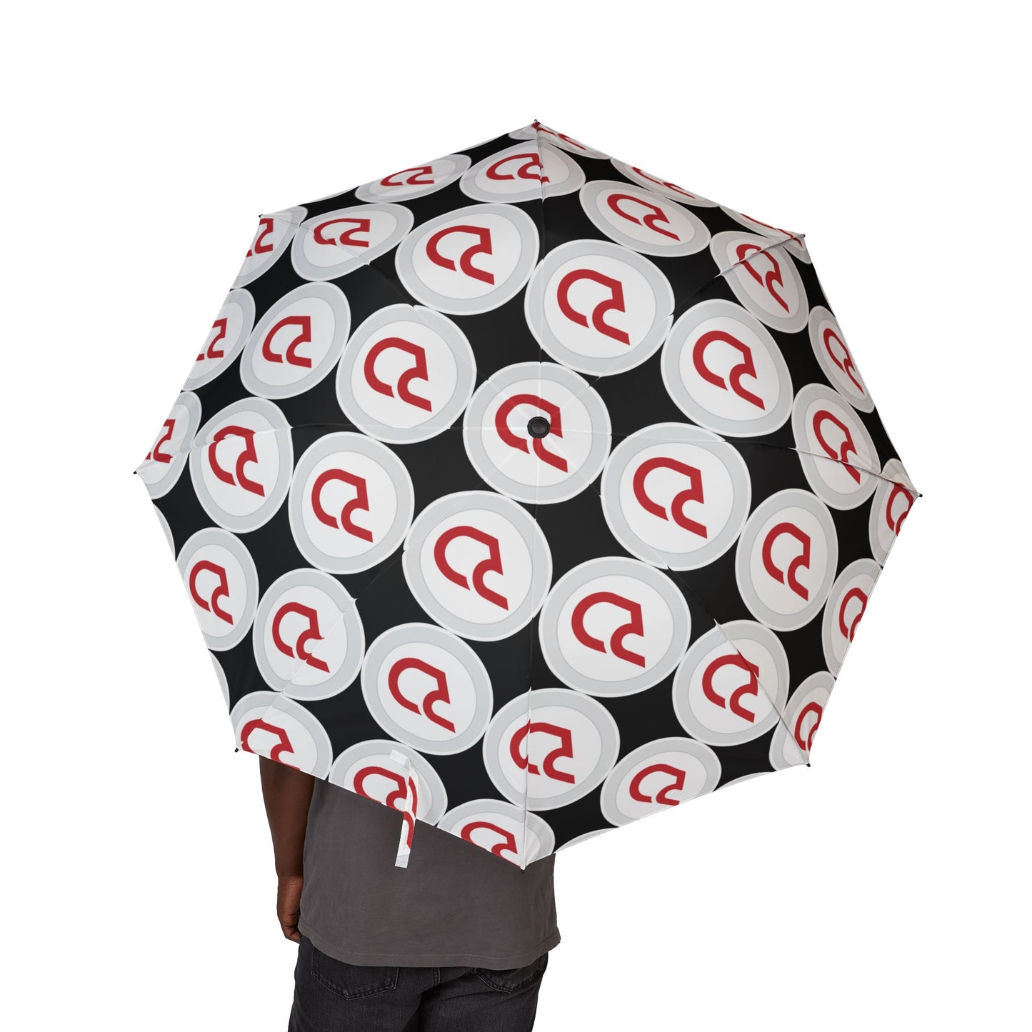 Foldable Umbrella — Red Retro Circle Logo Pattern, Semi-Automatic Compact Rain Umbrella