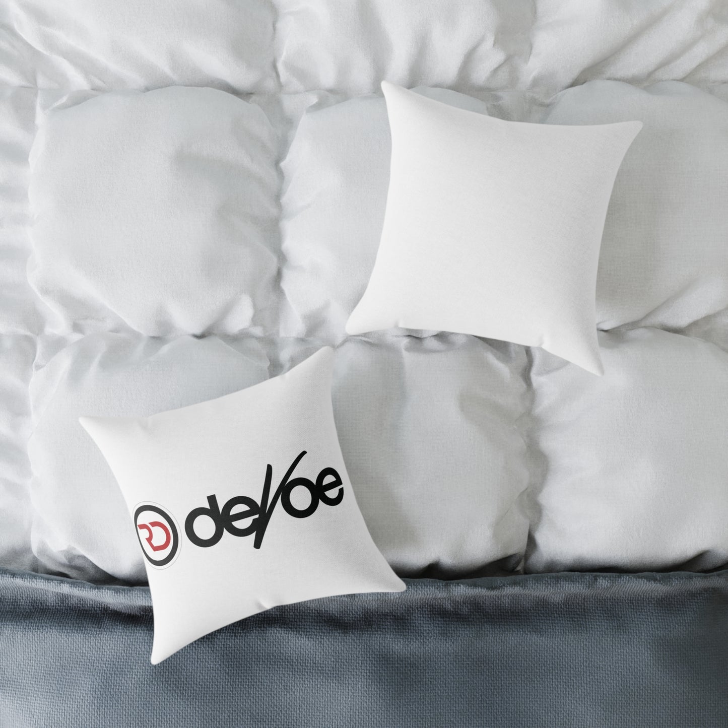 Devotee Logo Square Throw Pillow — Minimalist White Decorative Accent