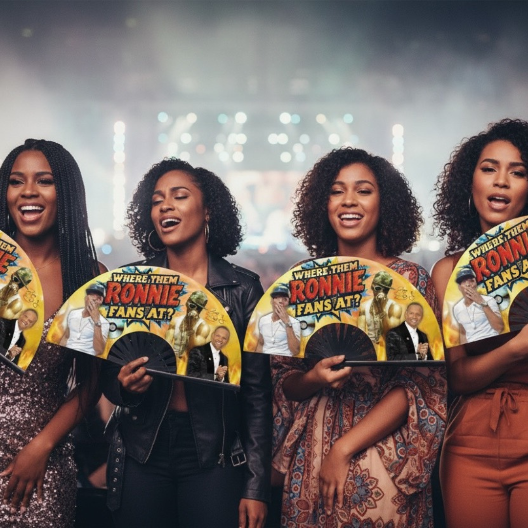 Promotion for the Ronnie DeVoe Concert Clack Fan. Image of three women waving the fan with white concert lights behind them.