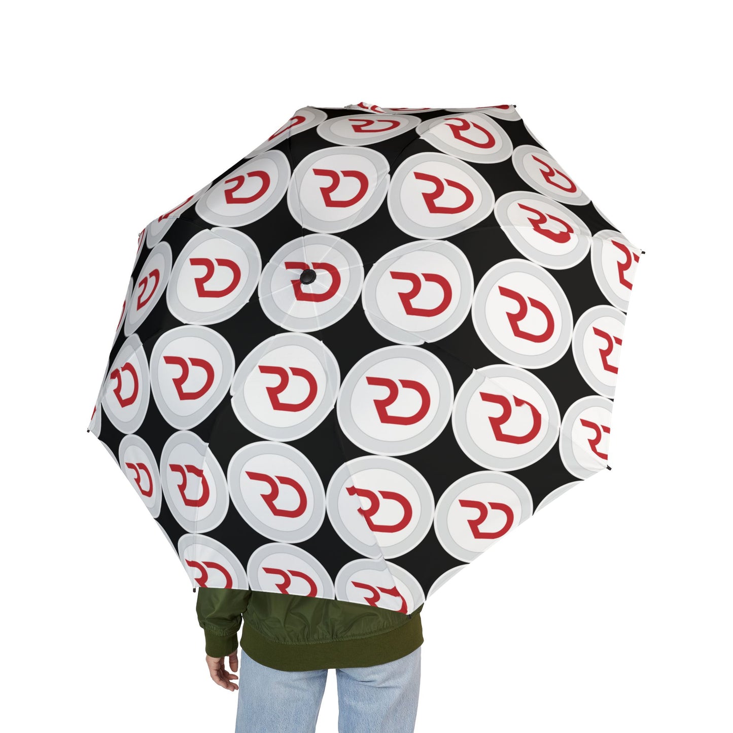 Foldable Umbrella — Red Retro Circle Logo Pattern, Semi-Automatic Compact Rain Umbrella