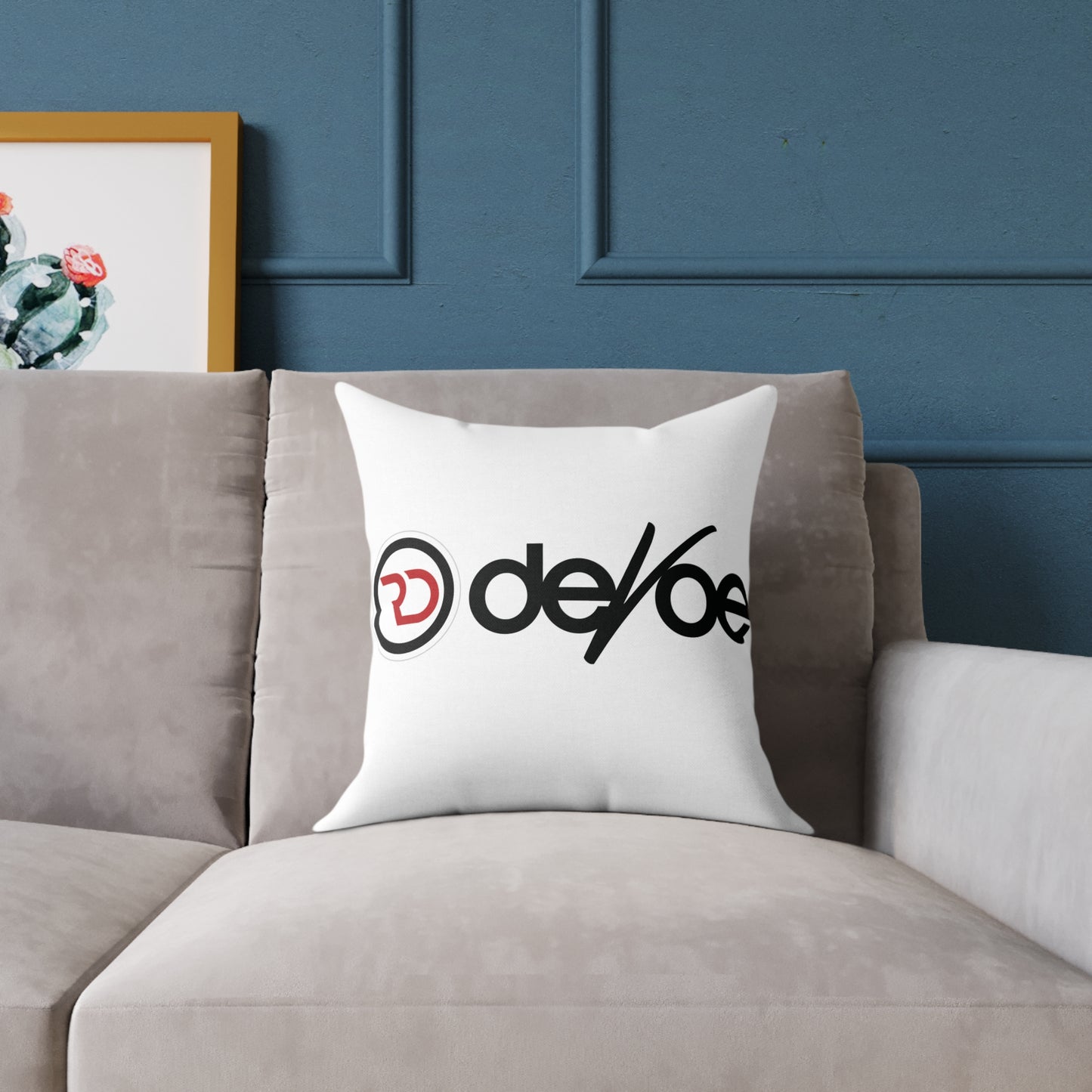 Devotee Logo Square Throw Pillow — Minimalist White Decorative Accent
